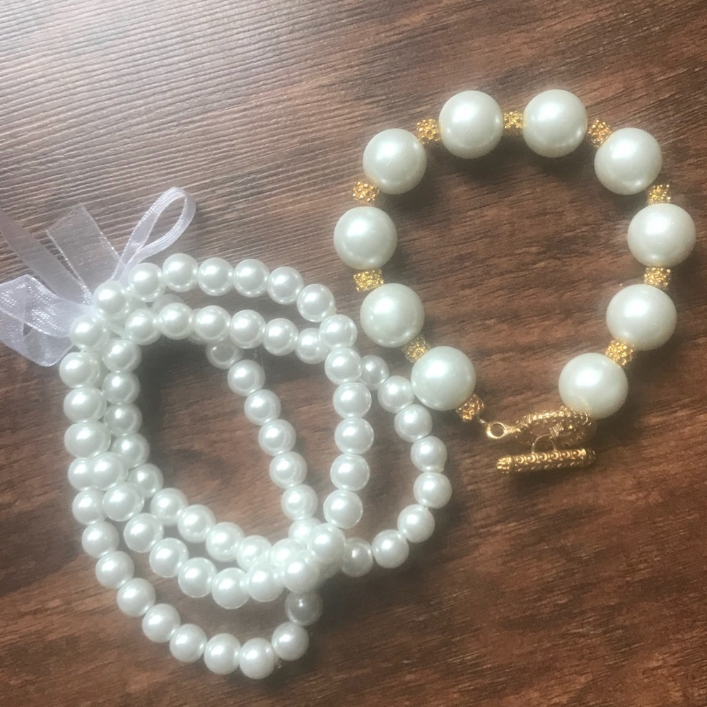 Faux pearl stacking bracelet bundle gold tone